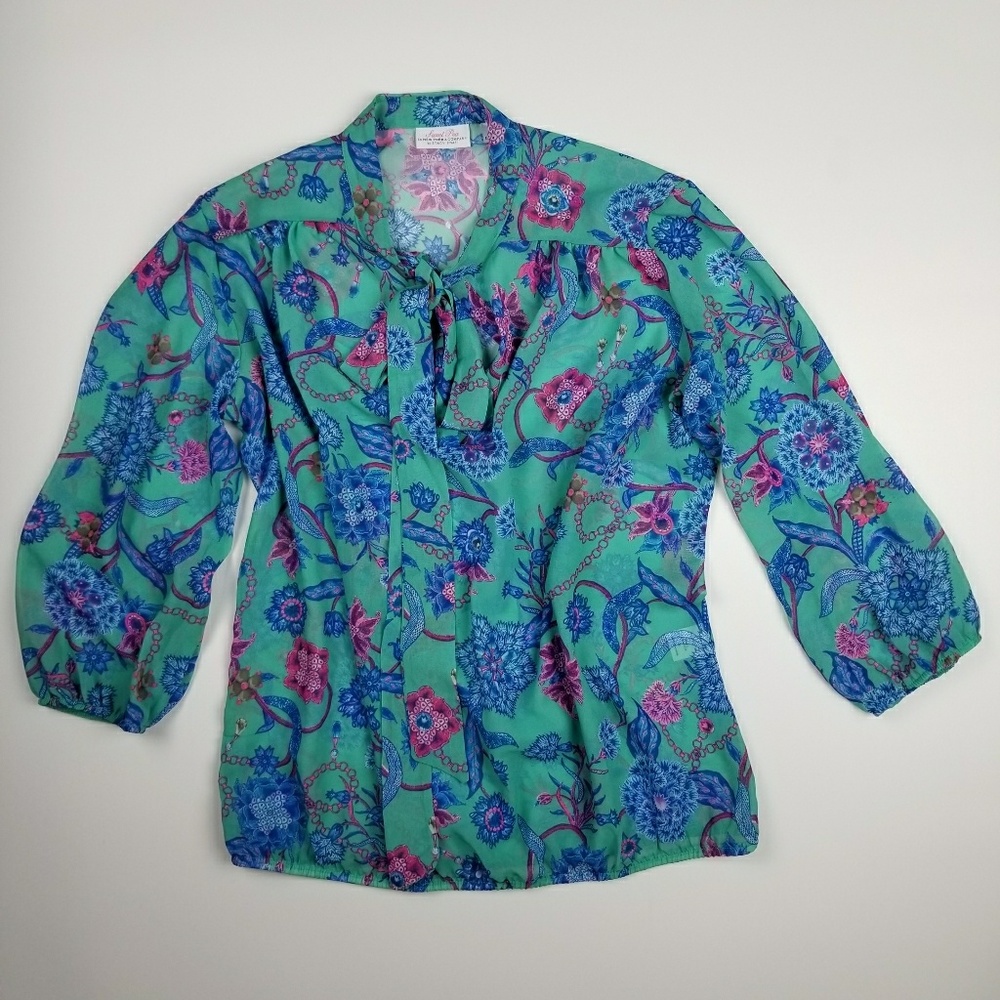 Floral Pussy Bow Tie Blouse Sweet Pea by NY &Co M